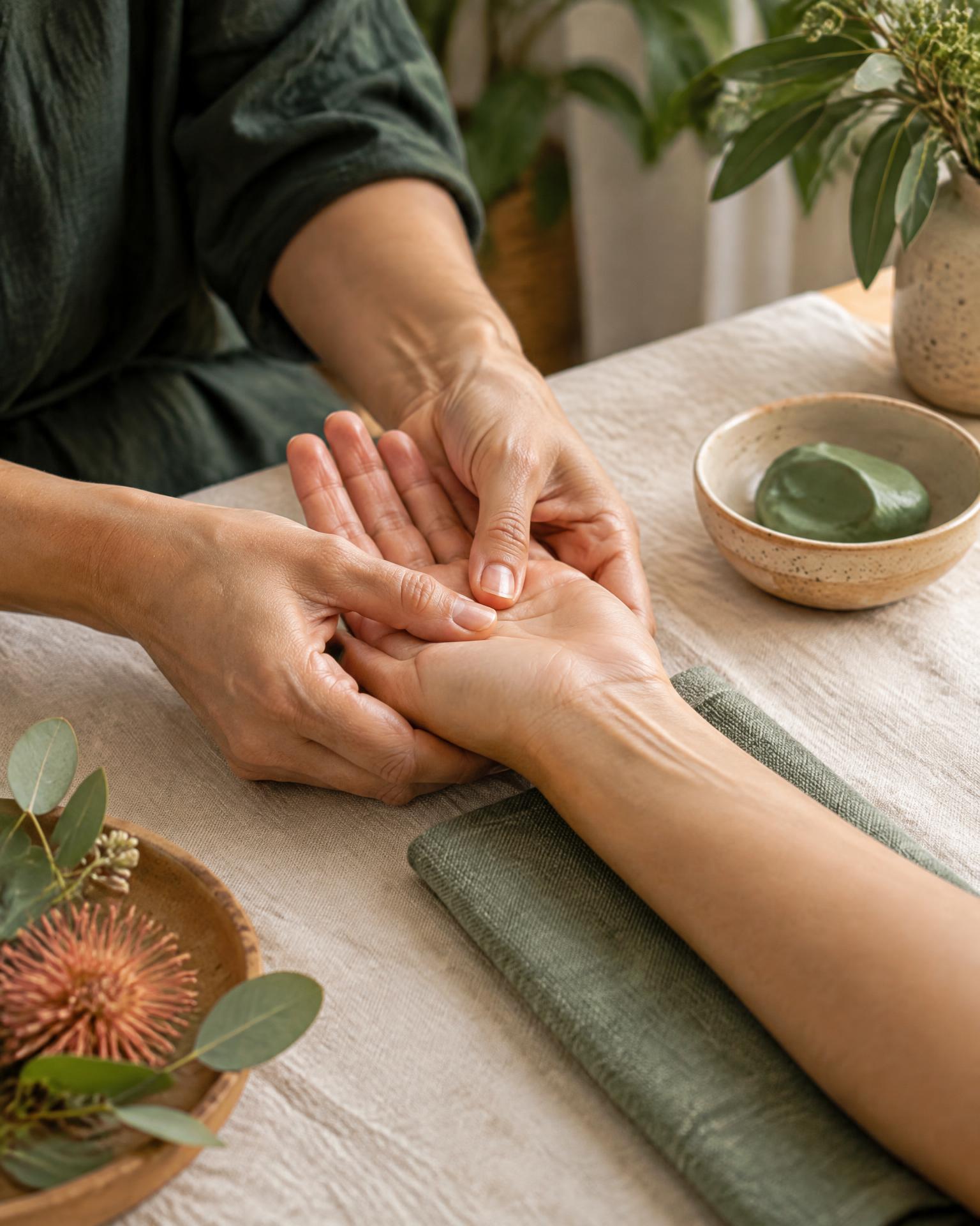 A calm, hands-on wellness session with natural linens and guided touch
